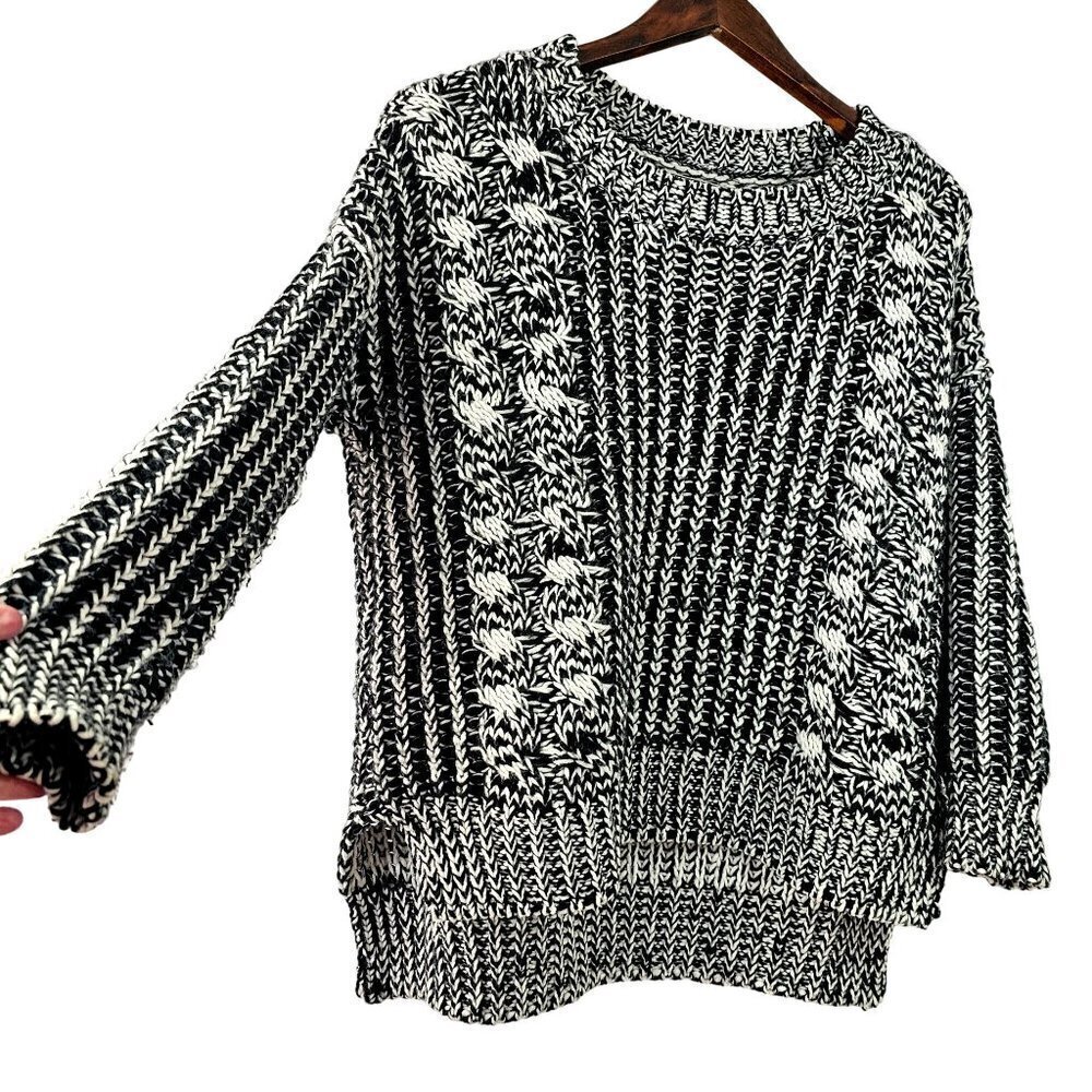 Chloe K Bulky Cable Knit Sweater Black White Drop Shoulder High Low Womens Sz M